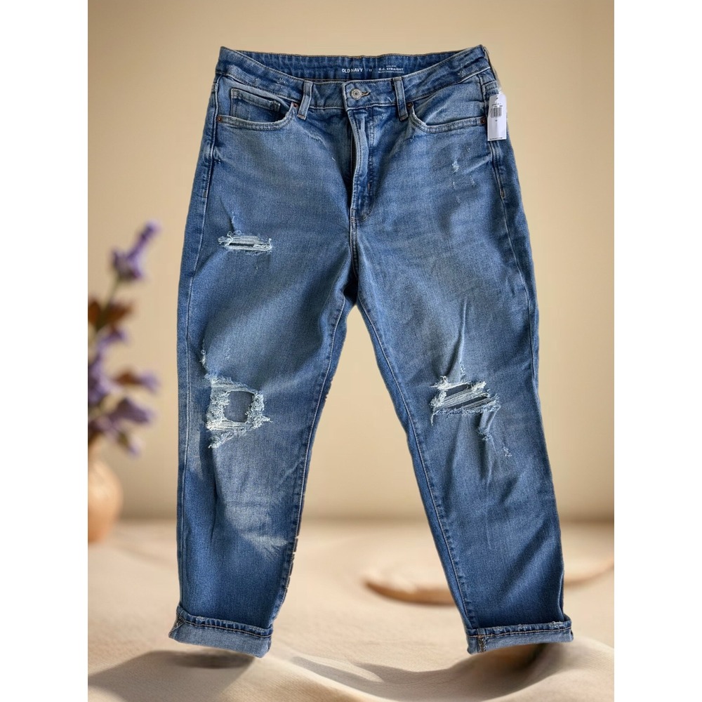 Old Navy O.G. Size-12 Straight Jeans Women's‎ High Rise Torn Ripped Medium Denim